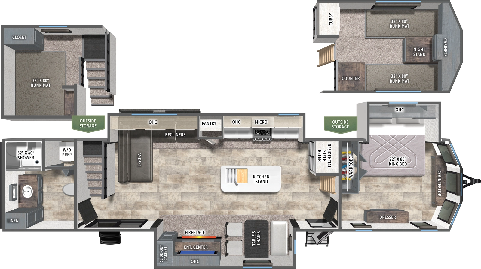 The Puma Destination 420LFT floorplan has two entries and three slide outs. Exterior features include: metal exterior. Interiors features include: loft, kitchen island, free-standing dinette option, front bedroom and rear bathroom.